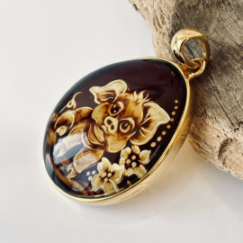 Hand-Carved Baltic Amber Pendant, Pig Engraved Natural Amber in Gold-Plated Silver
