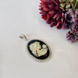 NEW Hand-Carved Baltic Amber Pendant, Woman Engraved Natural Amber in Sterling Silver