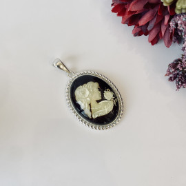 NEW Hand-Carved Baltic Amber Pendant, Woman Engraved Natural Amber in Sterling Silver