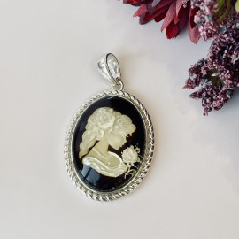 Hand-Carved Baltic Amber Pendant, Woman Engraved Natural Amber in Sterling Silver