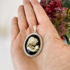 Hand-Carved Baltic Amber Pendant, Woman Engraved Natural Amber in Sterling Silver