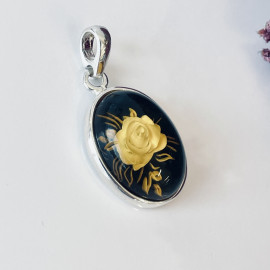 NEW Hand-Carved Baltic Amber Pendant, Rose Engraved Natural Amber in Sterling Silver