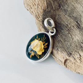 NEW Hand-Carved Baltic Amber Pendant, Rose Engraved Natural Amber in Sterling Silver