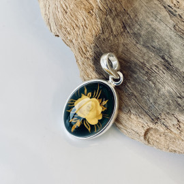 NEW Hand-Carved Baltic Amber Pendant, Rose Engraved Natural Amber in Sterling Silver