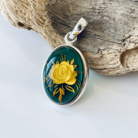 Hand-Carved Baltic Amber Pendant, Rose Engraved Natural Amber in Sterling Silver