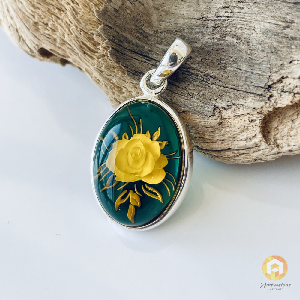 Hand-Carved Baltic Amber Pendant, Rose Engraved Natural Amber in Sterling Silver