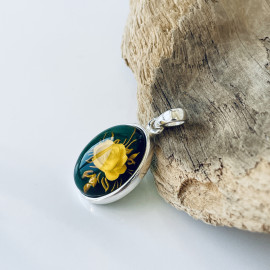 Hand-Carved Baltic Amber Pendant, Rose Engraved Natural Amber in Sterling Silver