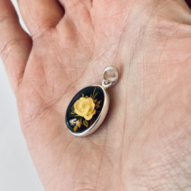NEW Hand-Carved Baltic Amber Pendant, Rose Engraved Natural Amber in Sterling Silver