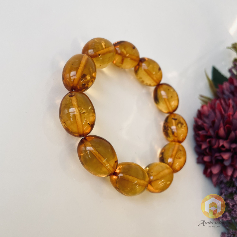 Cognac Baltic Amber Olive Bracelet, Natural Amber Handmade in Poland
