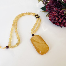 Yellow Baltic Amber Necklace, Beaded Amber Necklace with Rectangular Natural Amber Pendant