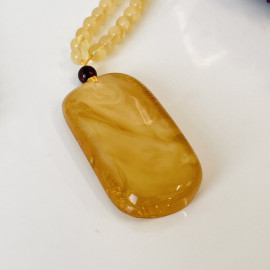 Yellow Baltic Amber Necklace, Beaded Amber Necklace with Rectangular Natural Amber Pendant