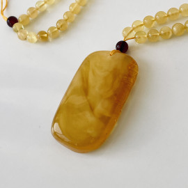 Yellow Baltic Amber Necklace, Beaded Amber Necklace with Rectangular Natural Amber Pendant
