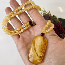 Yellow Baltic Amber Necklace, Beaded Amber Necklace with Rectangular Natural Amber Pendant