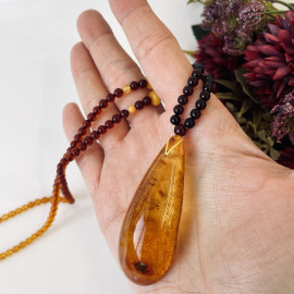 NEW Cognac Baltic Amber Necklace, Ombre Beaded Necklace with Teardrop Amber Pendant