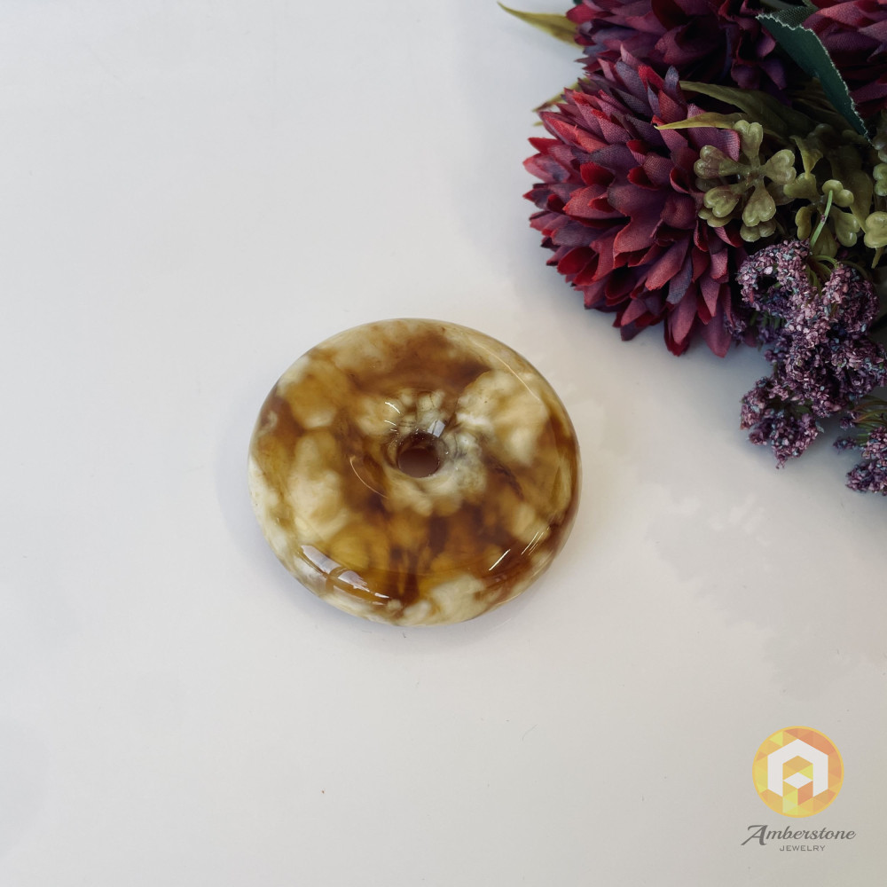 Orange and White Baltic Amber Donut Pendant, Natural Amber Circle Necklace