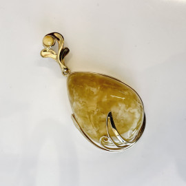 Unique White Baltic Amber Pendant, Natural Amber Gold-Plated 925 Silver Statement Pendant