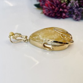 Unique White Baltic Amber Pendant, Natural Amber Gold-Plated 925 Silver Statement Pendant