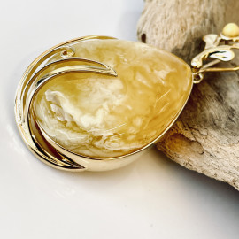 Unique White Baltic Amber Pendant, Natural Amber Gold-Plated 925 Silver Statement Pendant