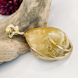 Unique White Baltic Amber Pendant, Natural Amber Gold-Plated 925 Silver Statement Pendant