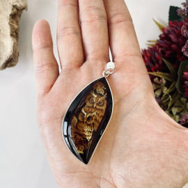 Owl Engraved Baltic Amber Pendant, Hand-Carved Natural Amber in Sterling Silver