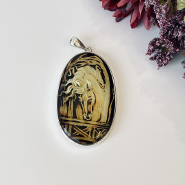Horse Engraved Baltic Amber Pendant, Hand-Carved Natural Amber in Sterling Silver