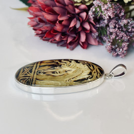Horse Engraved Baltic Amber Pendant, Hand-Carved Natural Amber in Sterling Silver