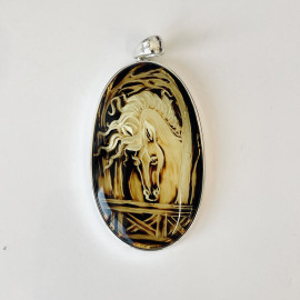 Horse Engraved Baltic Amber Pendant, Hand-Carved Natural Amber in Sterling Silver