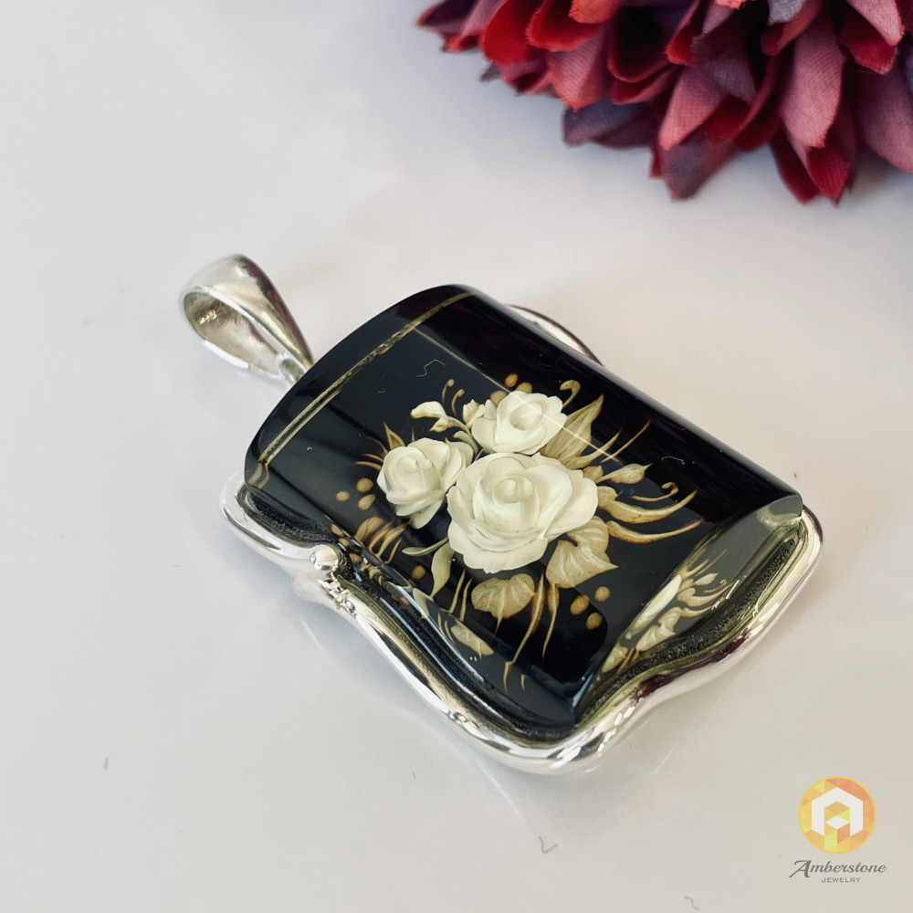 Rose Engraved Baltic Amber Pendant