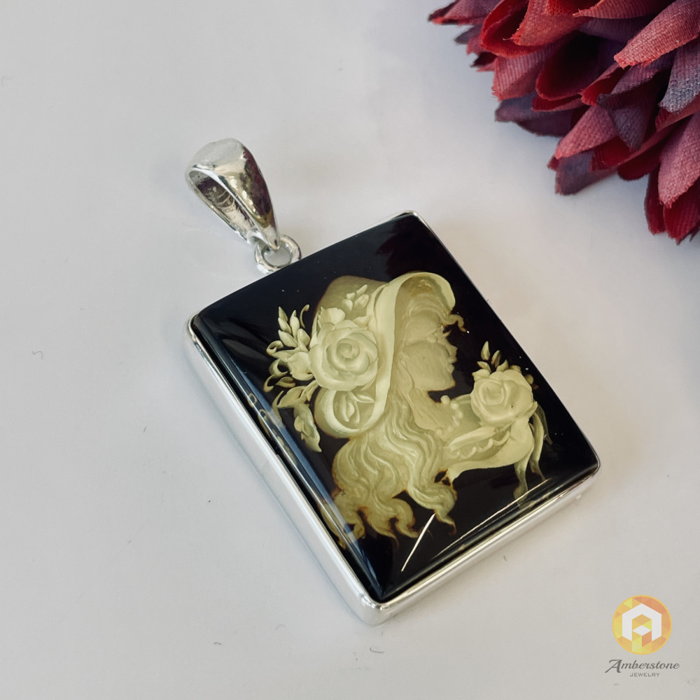 Baltic Amber Cameo Pendant, Hand-Carved Woman in Sterling Silver
