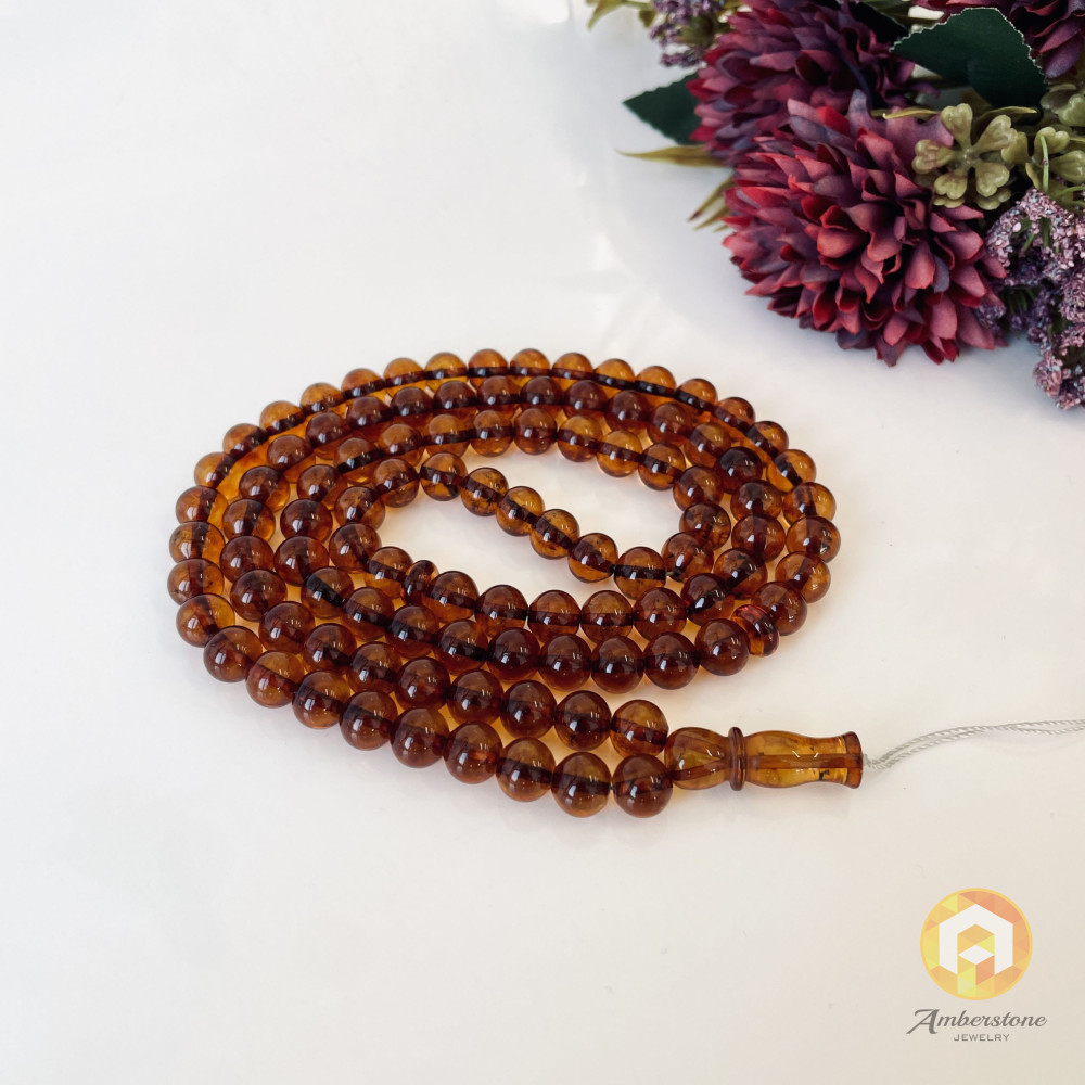 Cognac Amber Islamic Prayer Beads, Real Baltic Amber Rosary 99 Beads