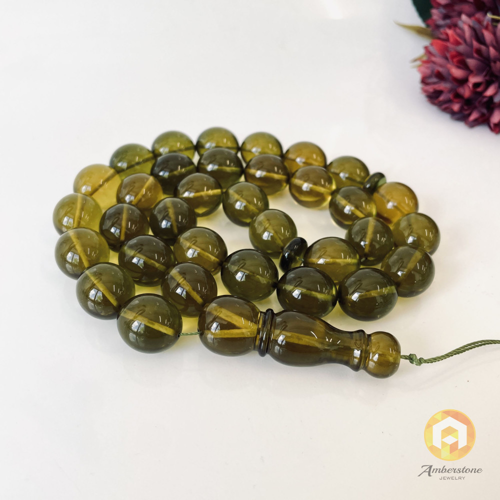 Green Islamic Prayer Beads, Olive Amber Muslim Beads