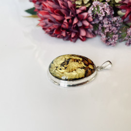 Bird Engraved Baltic Amber Pendant – Hand-Carved Natural Amber in Sterling Silver