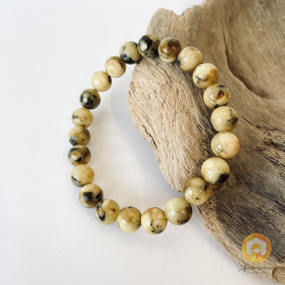 Green and White Round Amber Beads Bracelet