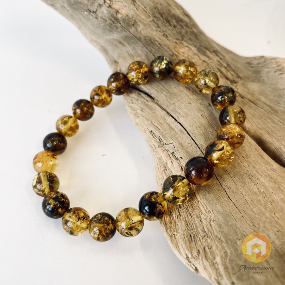 Green and Black Round Amber Beads Bracelet