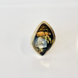 Green Black Natural Baltic Amber Ring with Gold-plated 925 Silver
