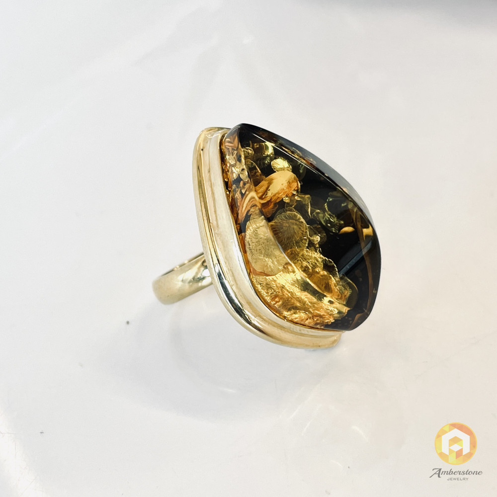 Green Black Natural Baltic Amber Ring with Gold-plated 925 Silver