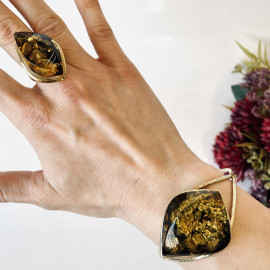 Green Black Natural Baltic Amber Ring with Gold-plated 925 Silver