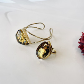 Green Black Natural Baltic Amber Ring with Gold-plated 925 Silver