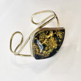 Green and Black Amber Bracelet with Gold-plated...