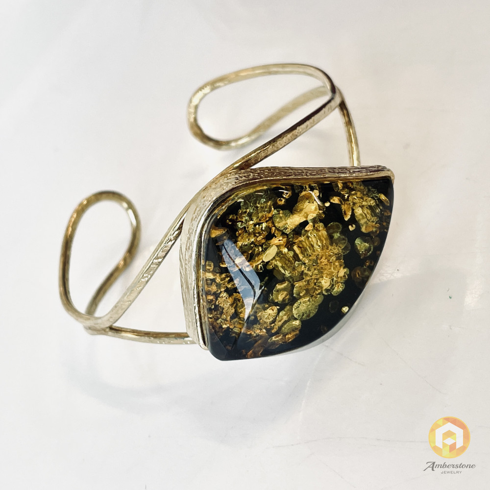 Green and Black Amber Bracelet with Gold-plated 925 Silver