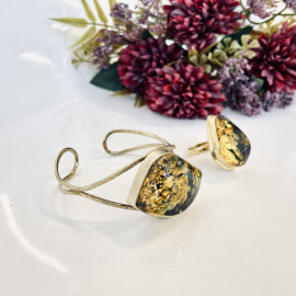 Green and Black Amber Bracelet with Gold-plated 925 Silver