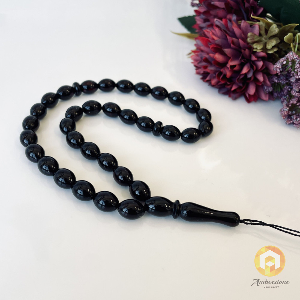 Natural Baltic Amber Misbaha, Cherry Amber Rosary, Olive Beads