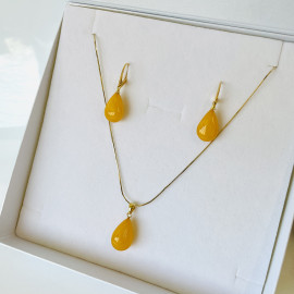 Yellow Baltic Amber Earrings with Pendant, Natural Amber Gold-Plated English Hooks