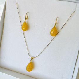 NEW Set Yellow Baltic Amber Earrings with Pendant, Natural Amber Gold-Plated English Hooks