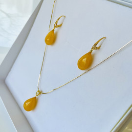 Yellow Baltic Amber Earrings with Pendant, Natural Amber Gold-Plated English Hooks
