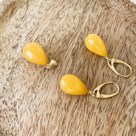 NEW Set Yellow Baltic Amber Earrings with Pendant, Natural Amber Gold-Plated English Hooks