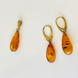 Set Cognac Baltic Amber Earrings with Pendant,...