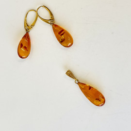 Set Cognac Baltic Amber Earrings with Pendant, Natural Amber Gold-Plated English Hooks