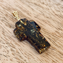 Green Black Baltic Amber Cross Pendant, Natural Amber Religious Jewelry