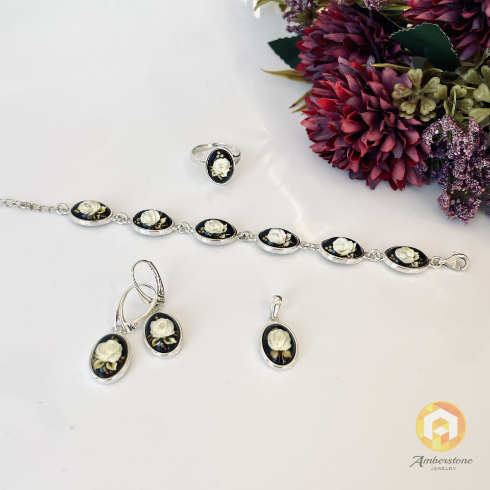 Set Rose Engraved Baltic Amber, Hand-Carved Natural Amber in Sterling Silver